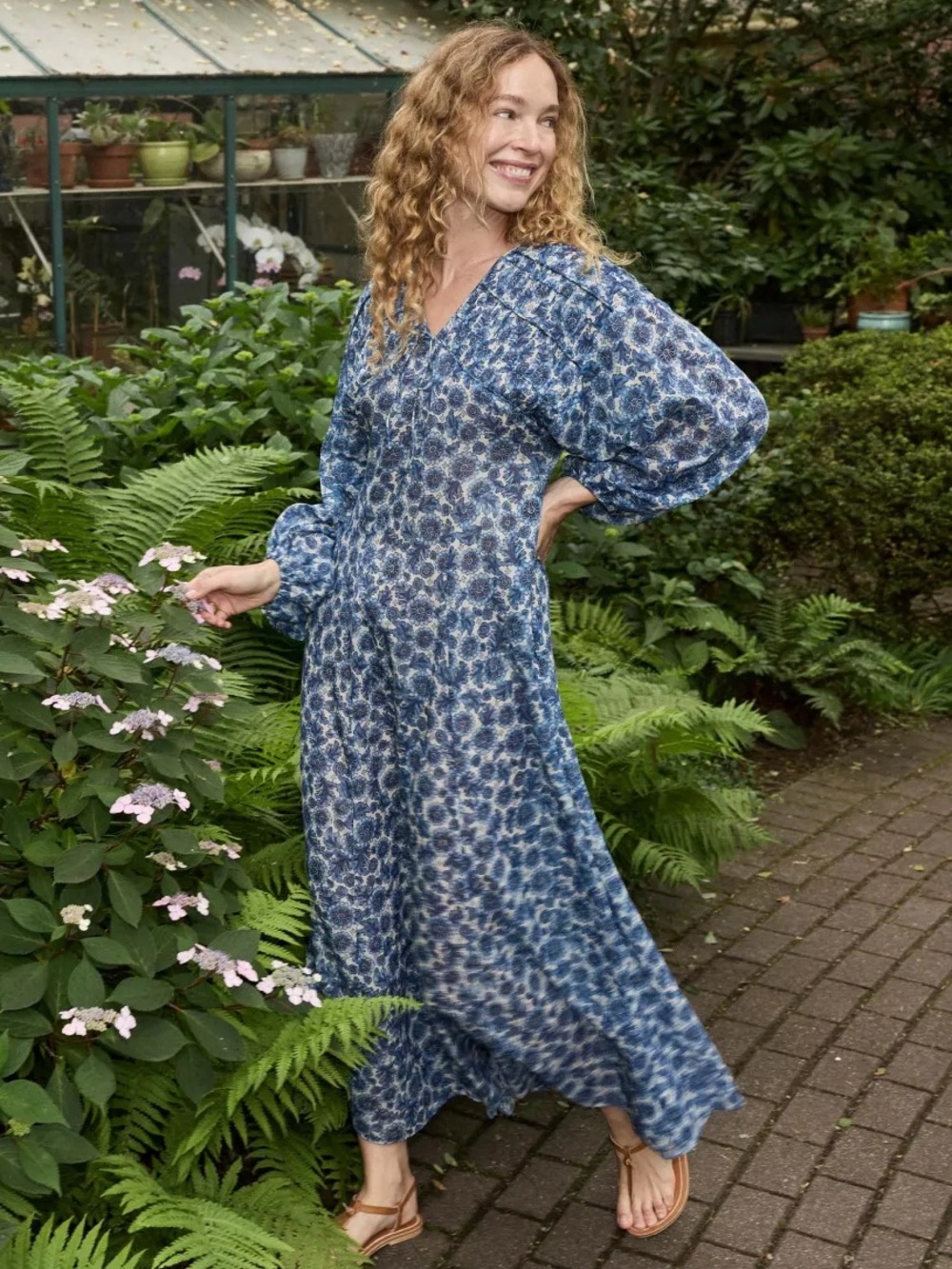 Doen Nayeli Cotton V Neck Smocked Tie Long Sleeve Maxi Dress Bleu Soleil Fleurit